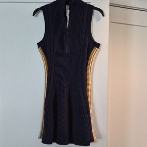 Sleeveless Navy Knit Mini Dress with Gold-Trim Side Panels